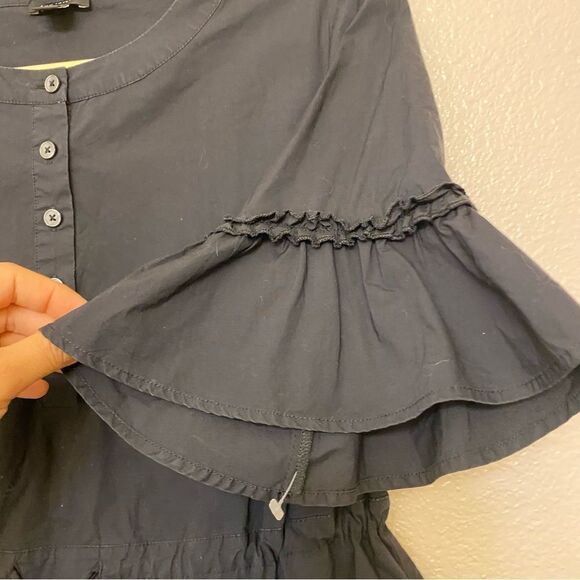 Ann Taylor Black Solid Day Fit & Flare Dress ruffle 3/4 sleeve romantic goth XS - Picture 9 of 11